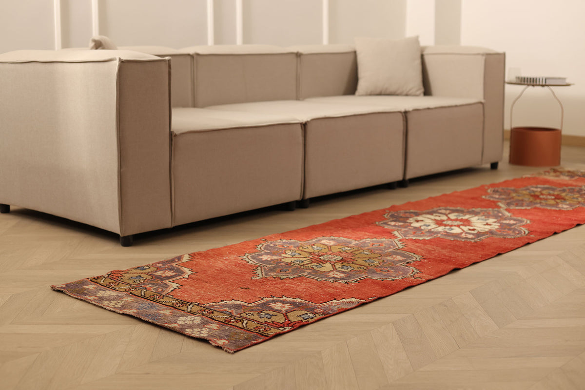 Vintage Konya Turkish Runner Rug 2x11 ft — Red Floral