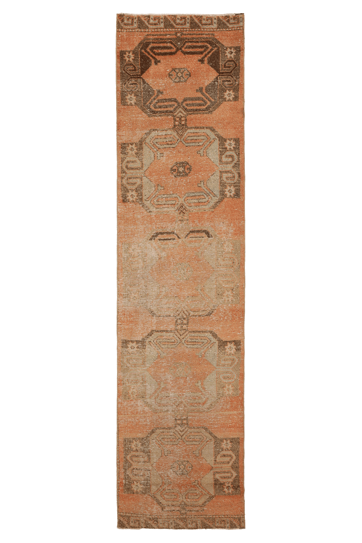 Vintage Malatya Turkish Runner Rug 2x11 ft — Orange & Brown Geometric (No. 21220)