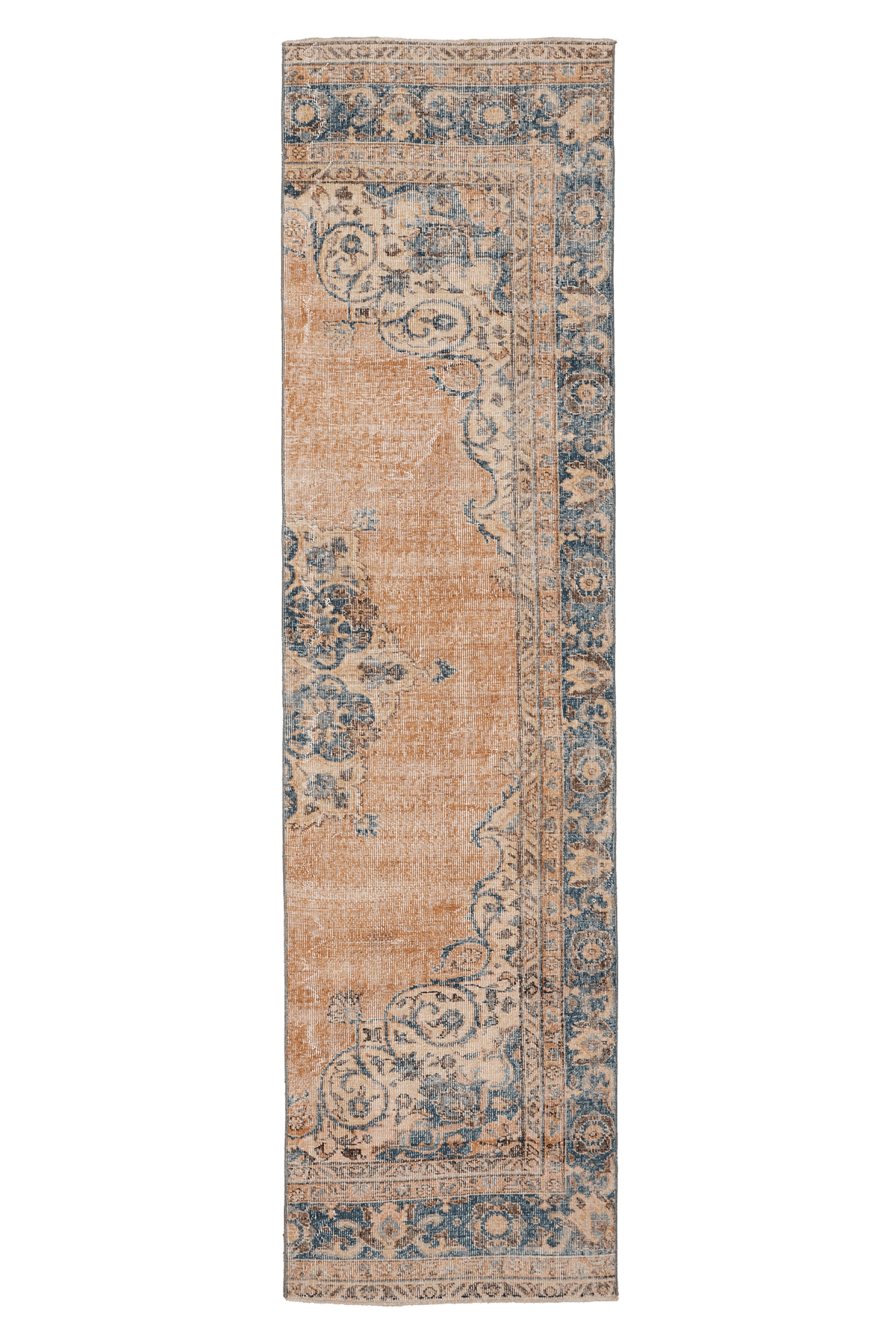 Vintage Isparta Turkish Runner Rug 2x10 ft — Orange & Blue Floral (No. 21223)