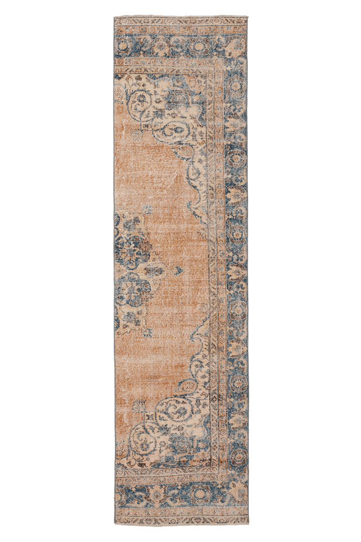 Vintage Isparta Turkish Runner Rug 2x10 ft — Orange & Blue Floral (No. 21223)