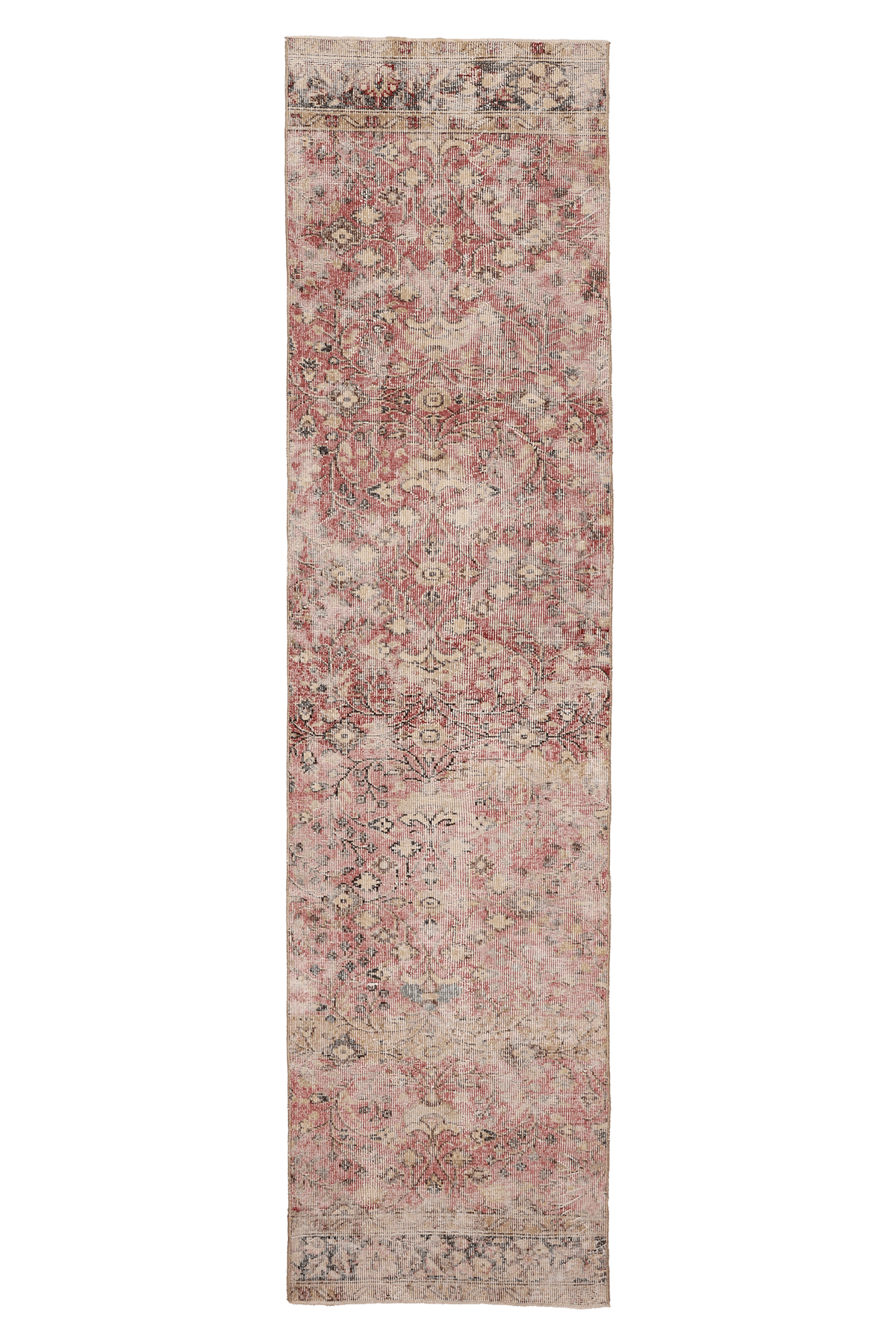 Vintage Isparta Turkish Runner Rug 2x10 ft — Pink & Beige Distressed