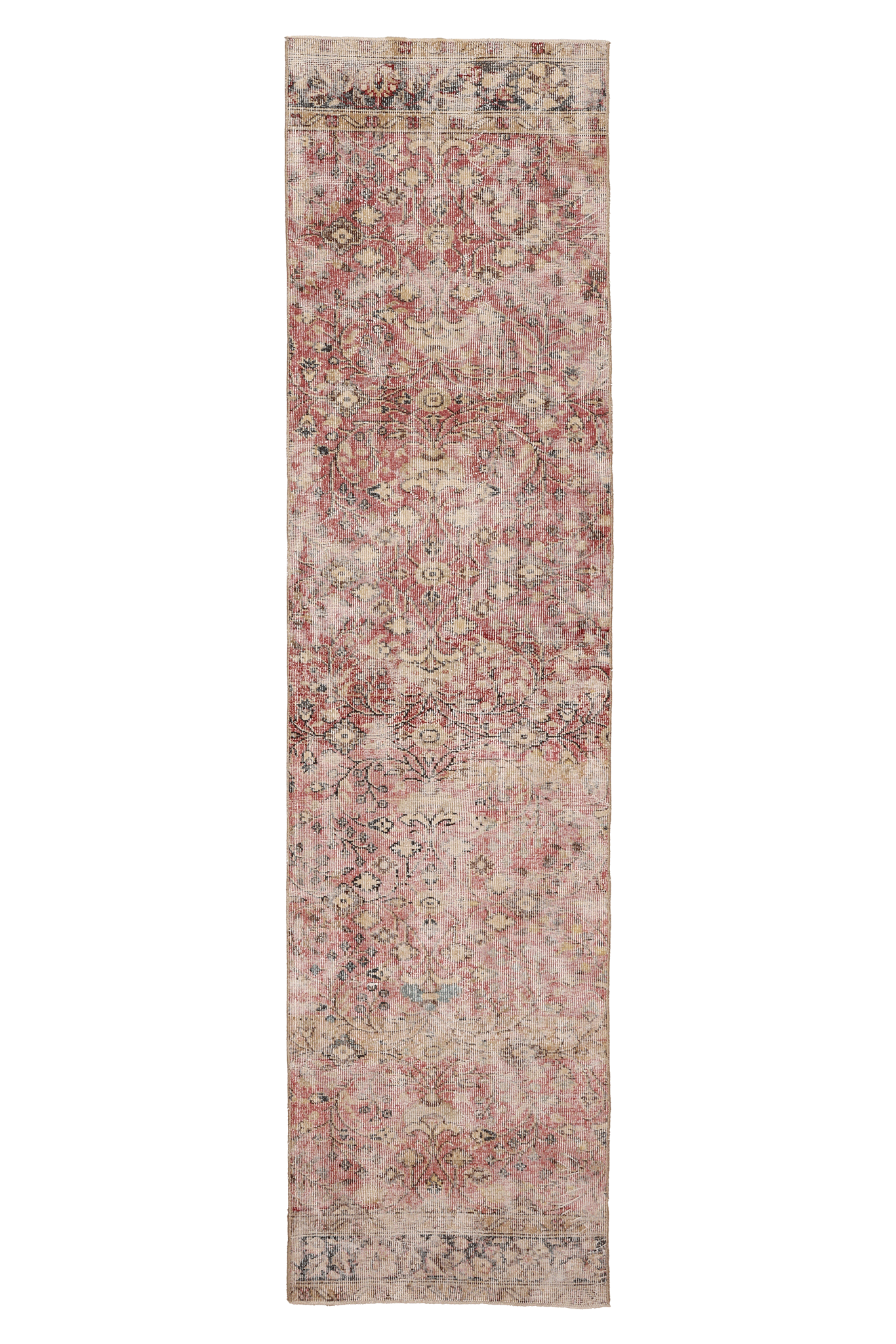 Vintage Isparta Turkish Runner Rug 2x10 ft — Pink & Beige Distressed