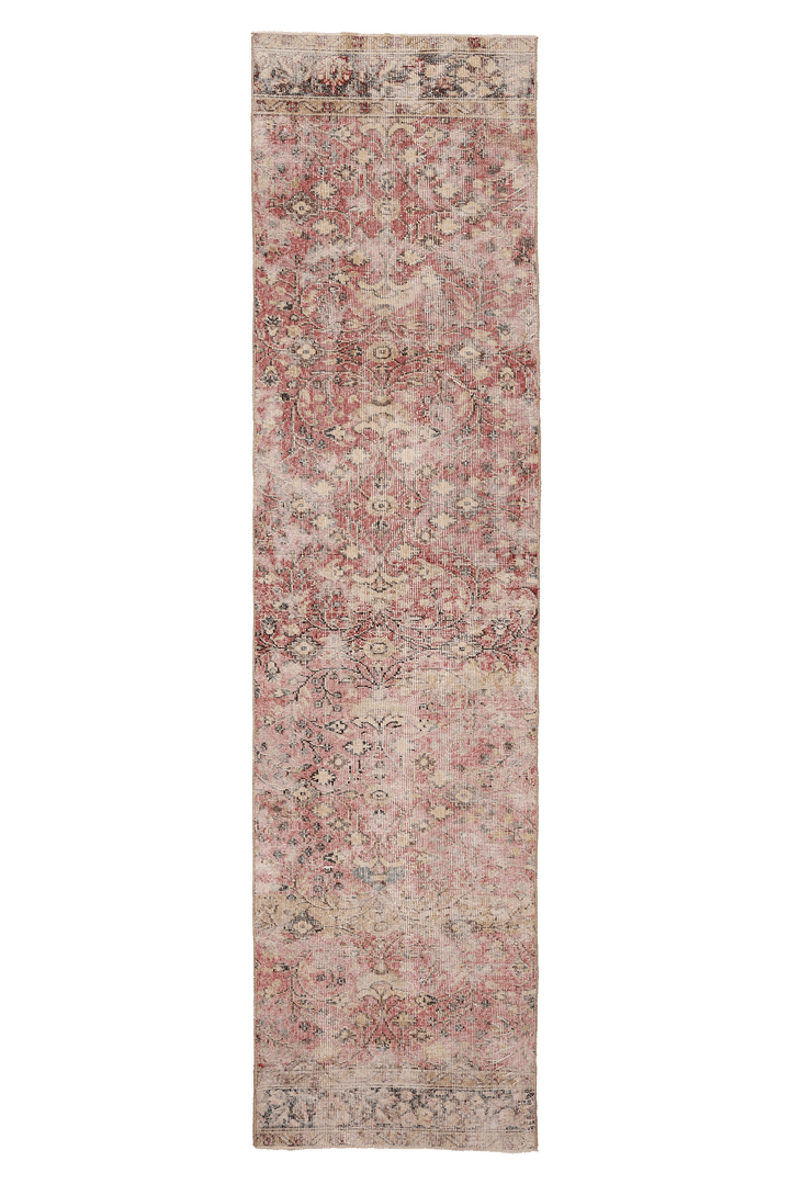 Vintage Isparta Turkish Runner Rug 2x10 ft — Pink & Beige Distressed