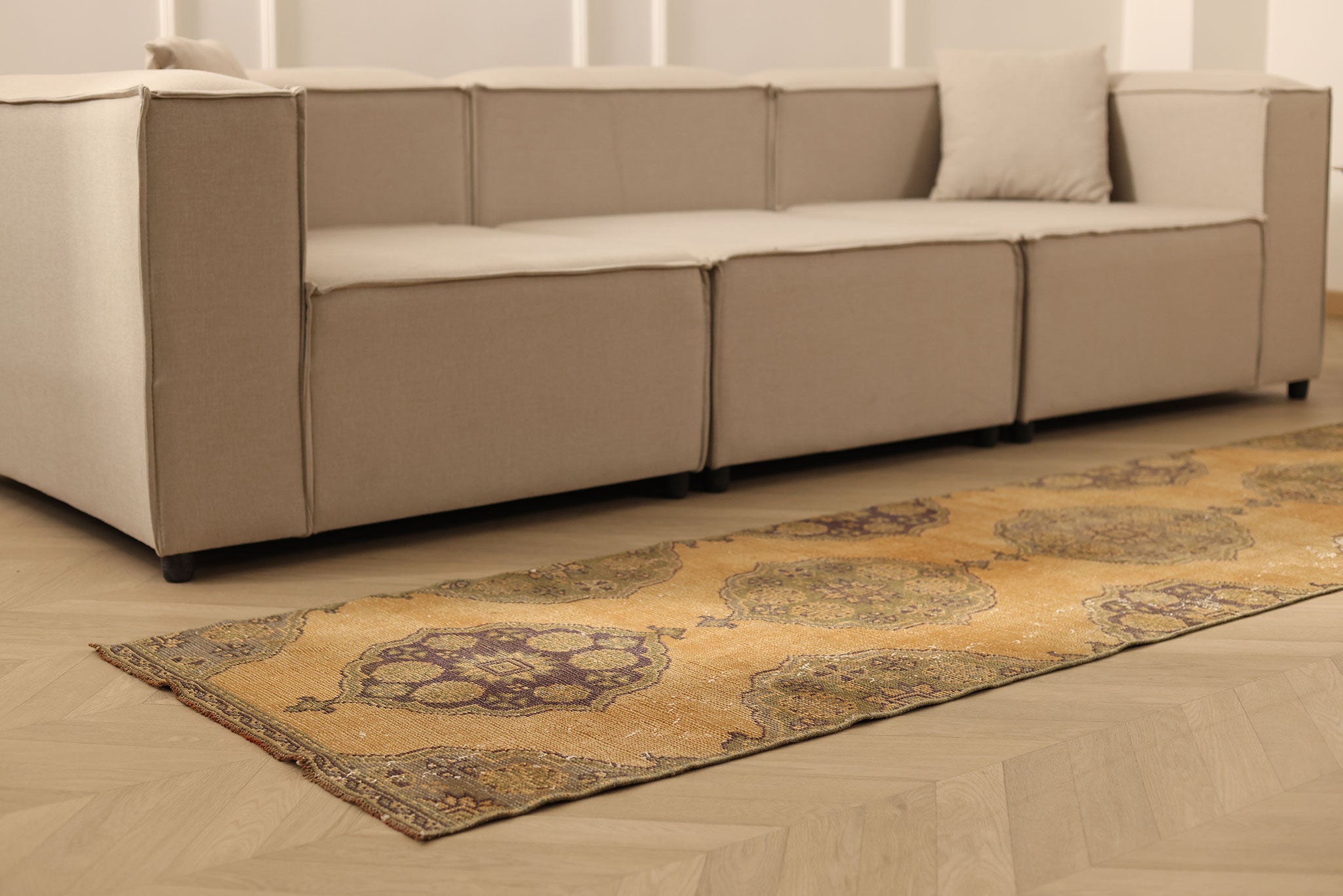 Vintage Konya Turkish Runner Rug 2x10 ft — Brown & Yellow Floral