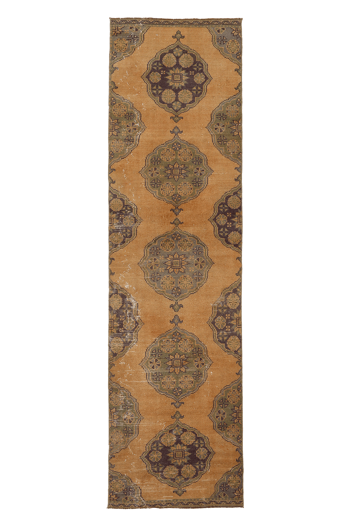Vintage Konya Turkish Runner Rug 2x10 ft — Brown & Yellow Floral
