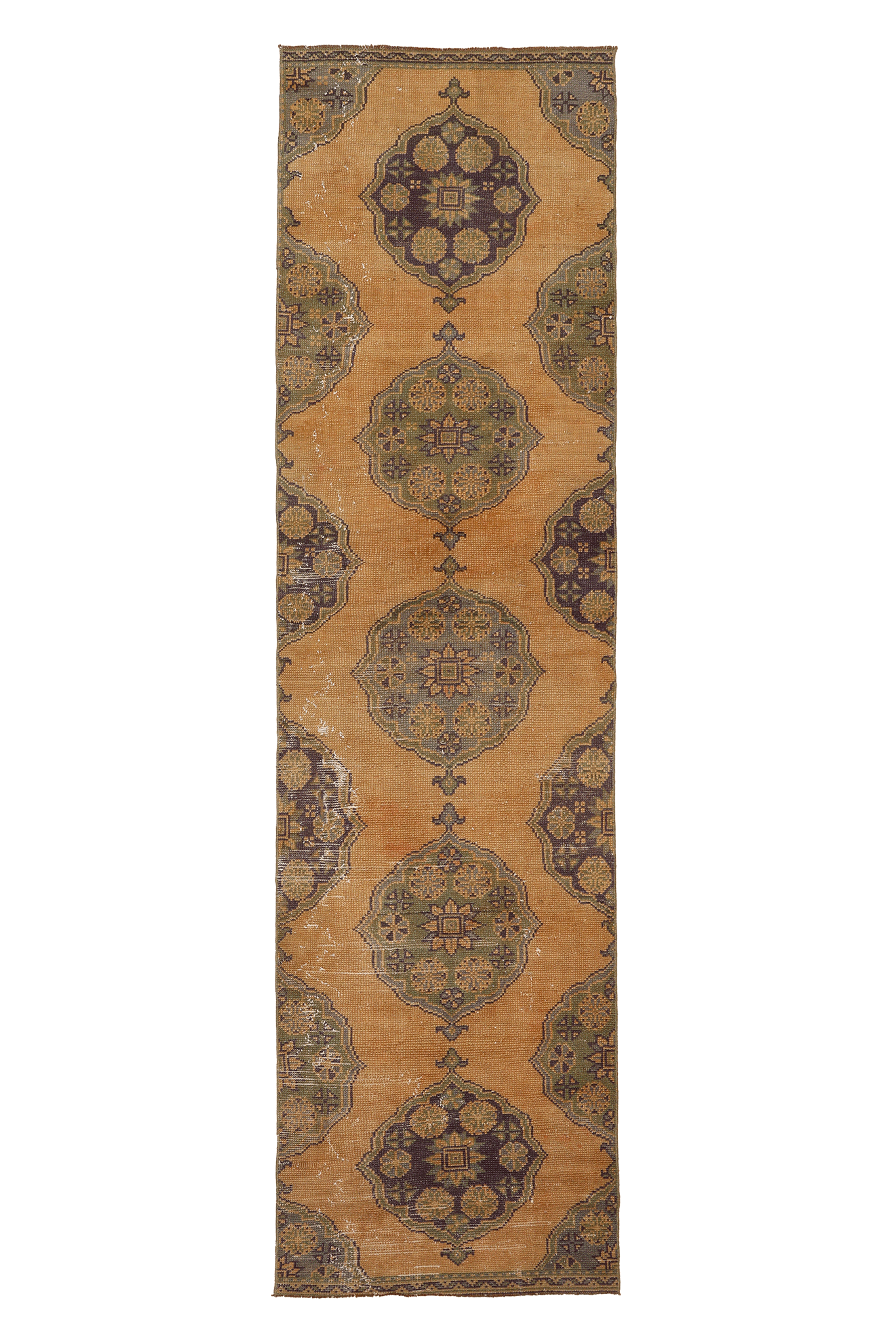Vintage Konya Turkish Runner Rug 2x10 ft — Brown & Yellow Floral
