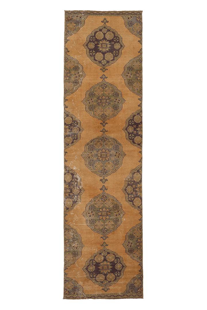 Vintage Konya Turkish Runner Rug 2x10 ft — Brown & Yellow Floral