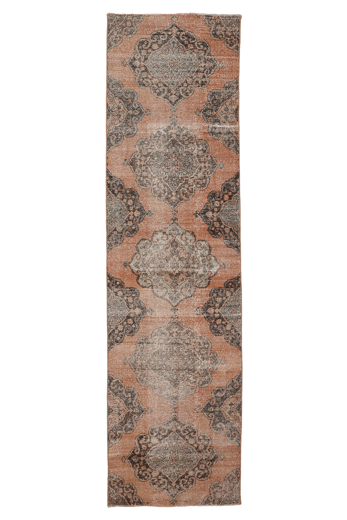 Vintage Konya Turkish Runner Rug 3x11 ft — Orange & Gray Geometric