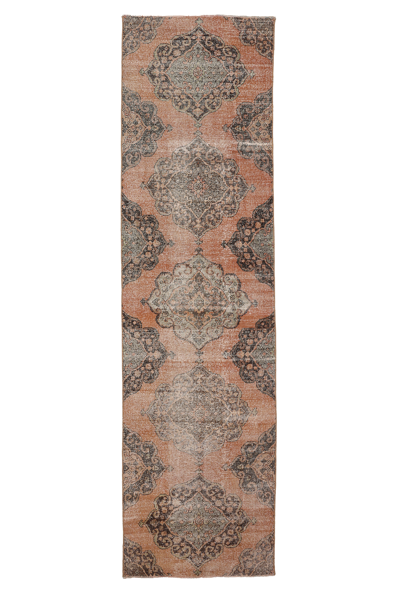 Vintage Konya Turkish Runner Rug 3x11 ft — Orange & Gray Geometric
