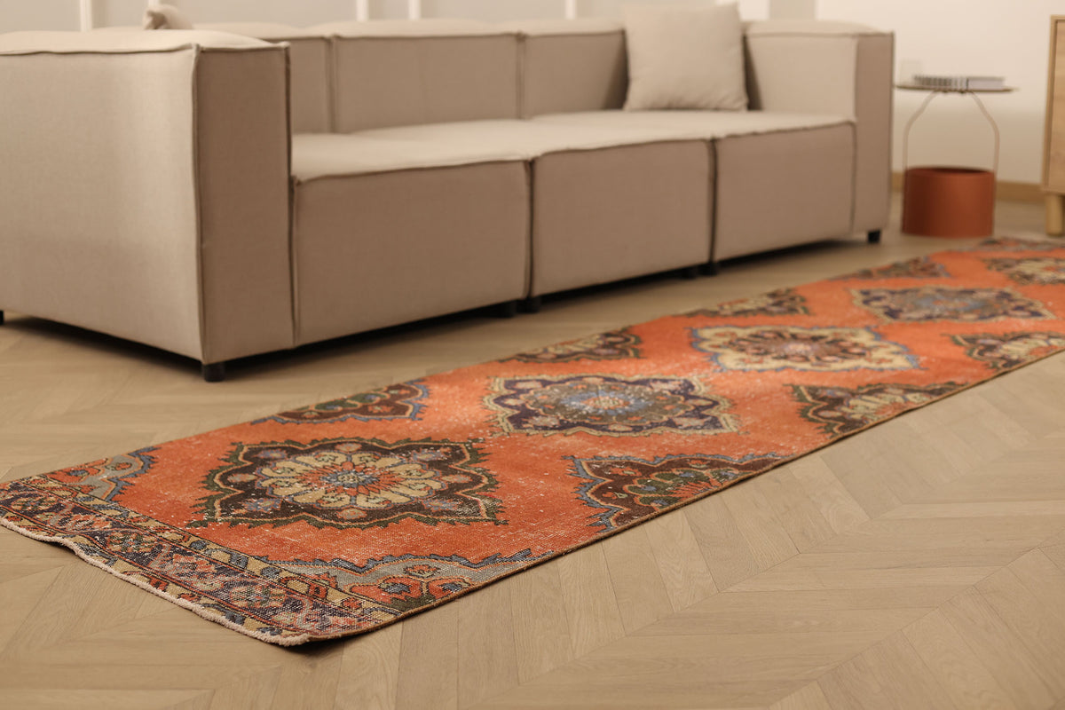 Vintage Konya Turkish Runner Rug 3x12 ft — Red & Brown Floral