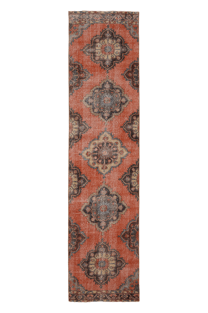 Vintage Konya Turkish Runner Rug 3x12 ft — Red & Brown Floral