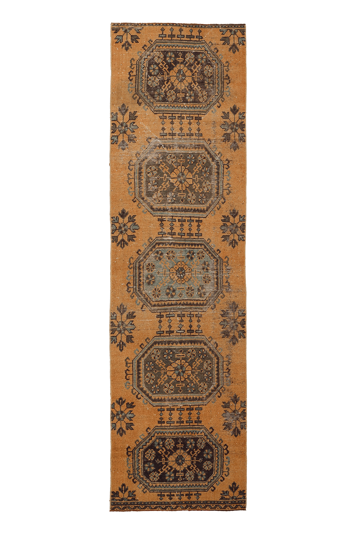 Vintage Konya Turkish Runner Rug 2x9 ft — Orange Geometric