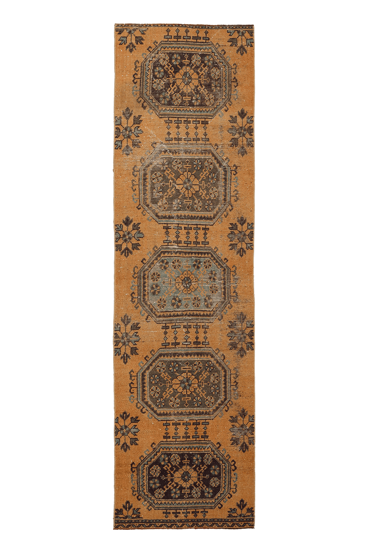 Vintage Konya Turkish Runner Rug 2x9 ft — Orange Geometric