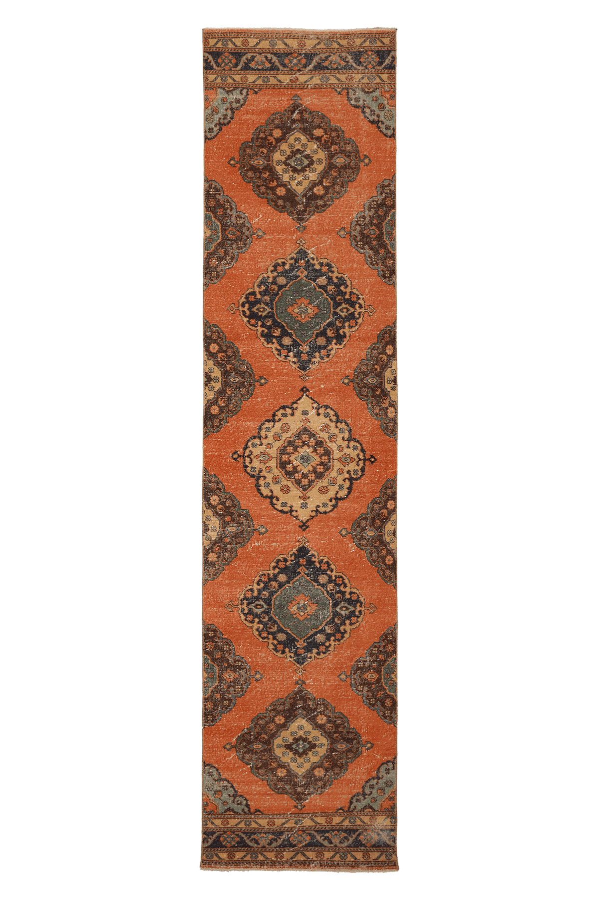 Vintage Konya Turkish Runner Rug 3x13 ft — Orange & Blue Geometric