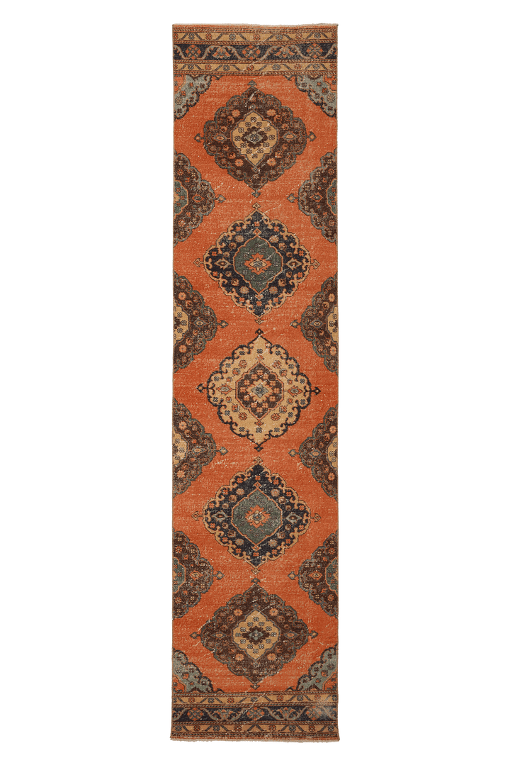 Vintage Konya Turkish Runner Rug 3x13 ft — Orange & Blue Geometric
