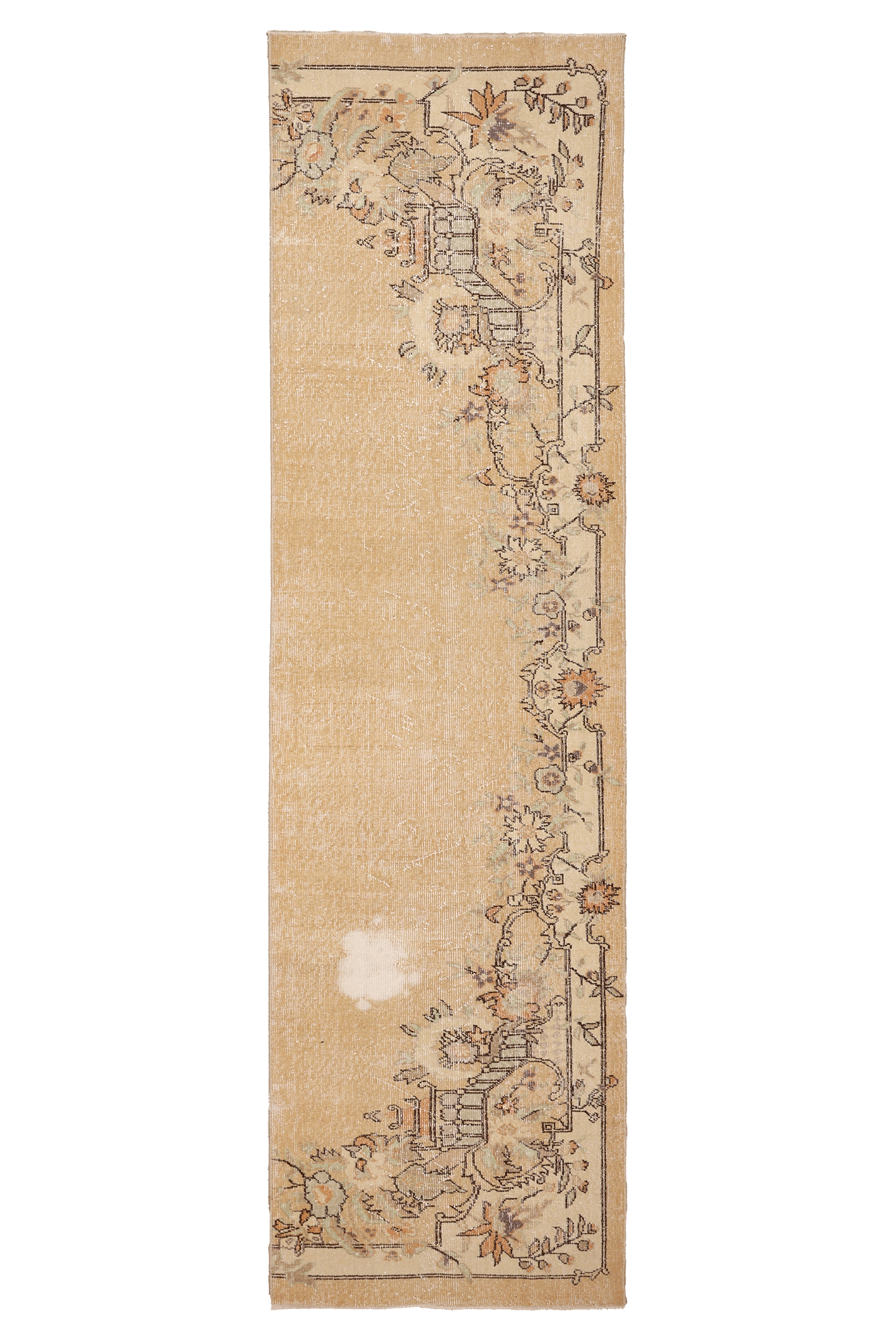 Vintage Isparta Turkish Runner Rug 2x10 ft — Beige & Brown Floral