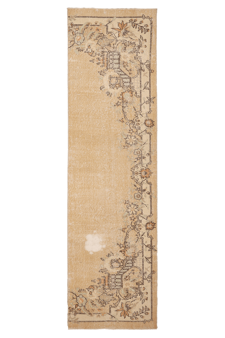 Vintage Isparta Turkish Runner Rug 2x10 ft — Beige & Brown Floral