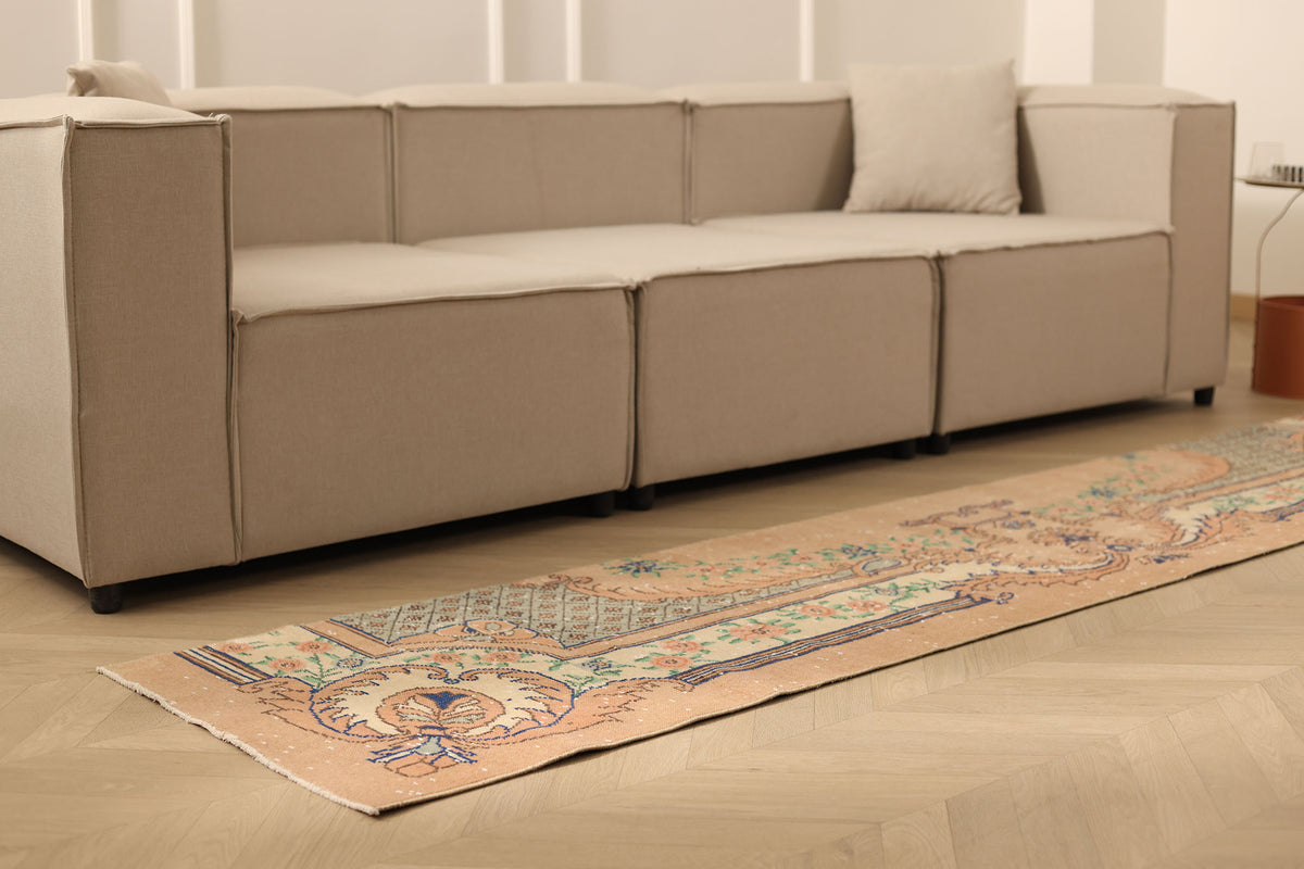 Vintage Isparta Turkish Runner Rug 2x9 ft — Beige Floral