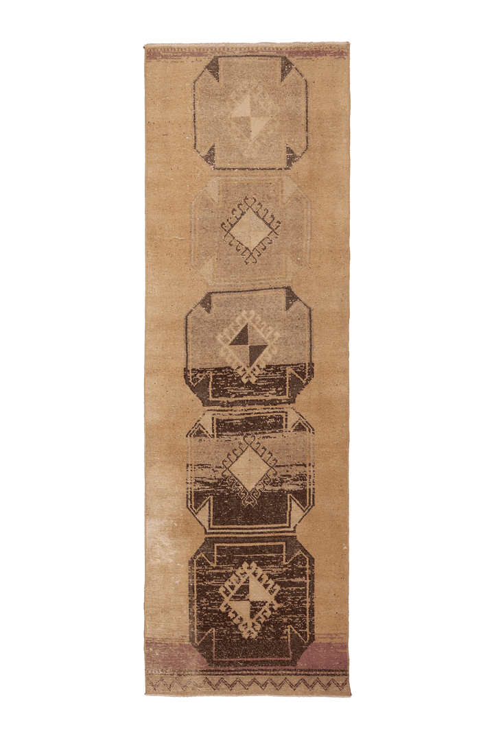 Vintage Malatya Turkish Runner Rug 3x10 ft — Beige & Brown Geometric