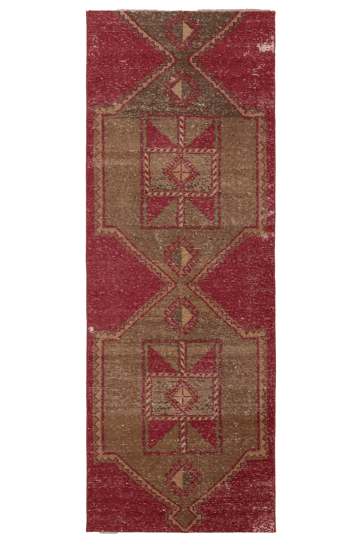 Vintage Malatya Turkish Runner Rug 3x8 ft — Red & Brown Geometric (No. 21388)