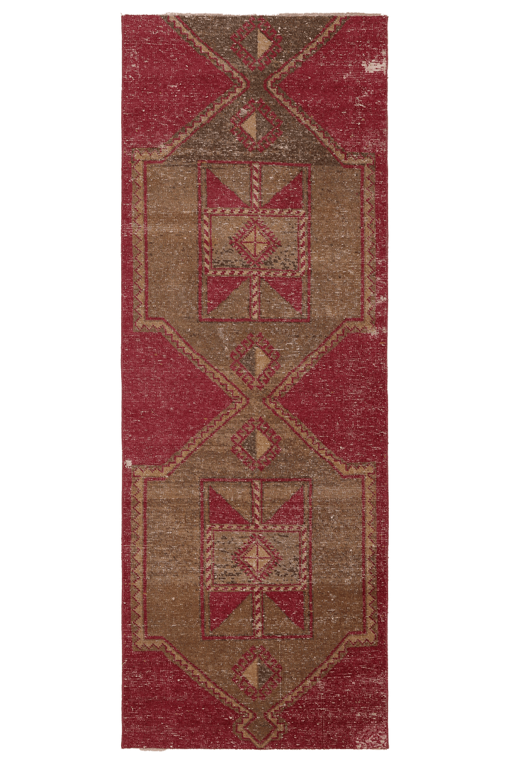 Vintage Malatya Turkish Runner Rug 3x8 ft — Red & Brown Geometric (No. 21388)