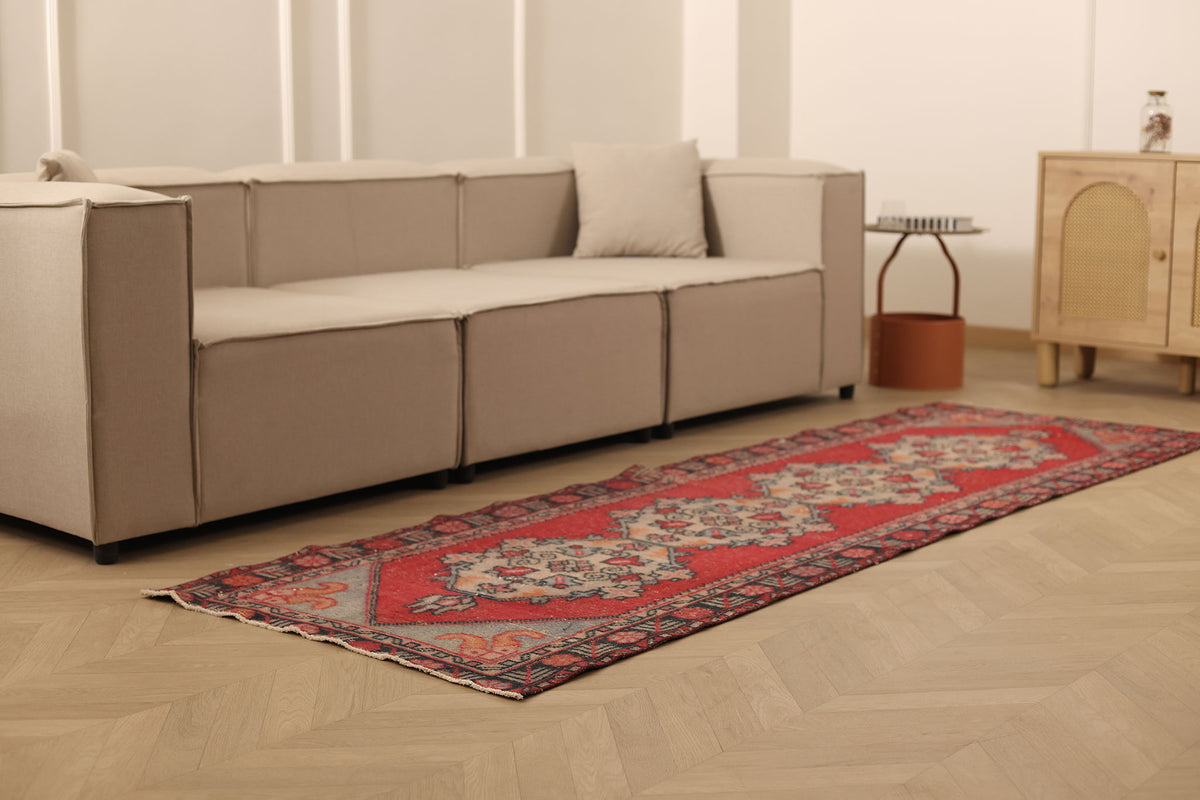 Vintage Niğde Turkish Runner Rug 3x9 ft — Red & Beige maximalist