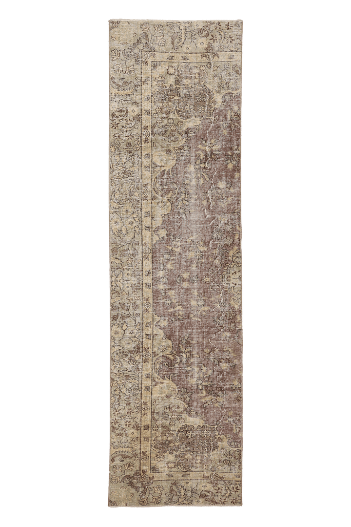 Vintage Isparta Turkish Runner Rug 2x10 ft — Beige & Pink Distressed