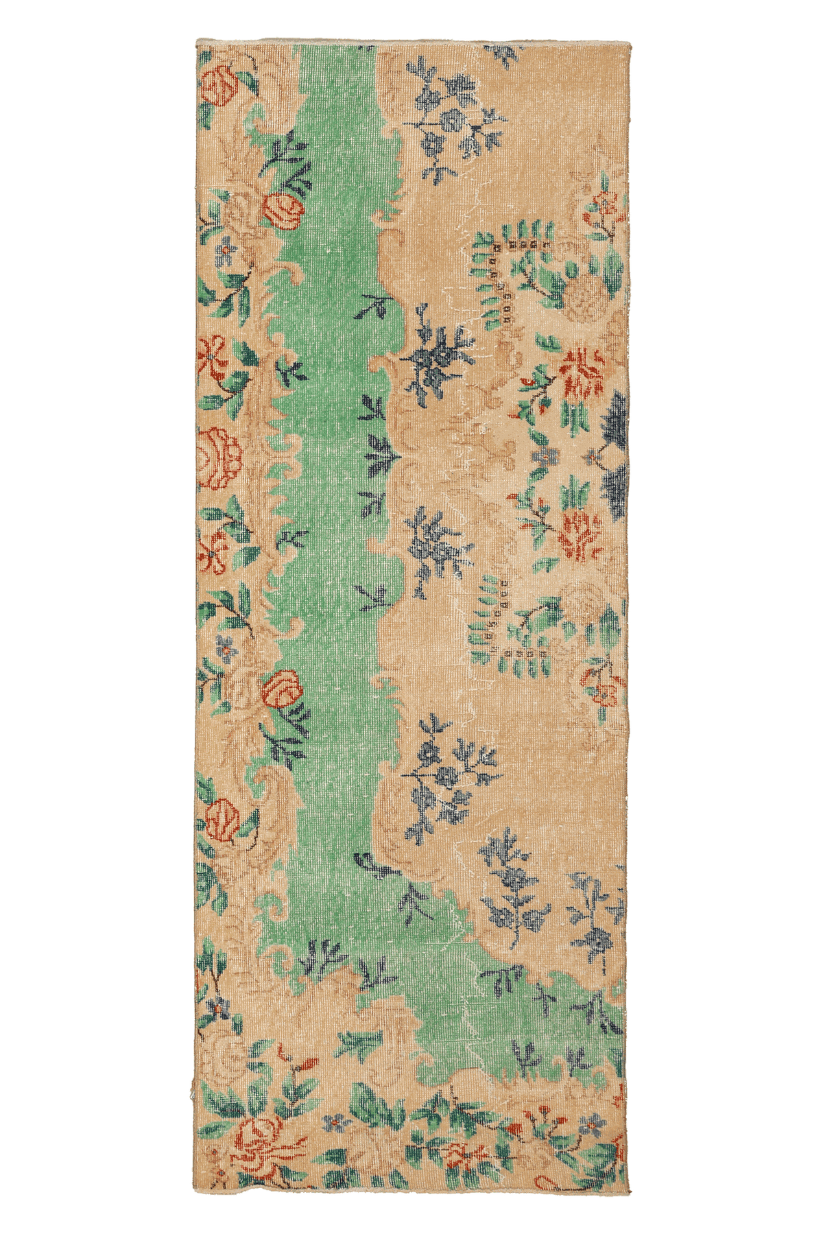 Vintage Isparta Turkish Runner Rug 3x8 ft — Green & Beige Floral