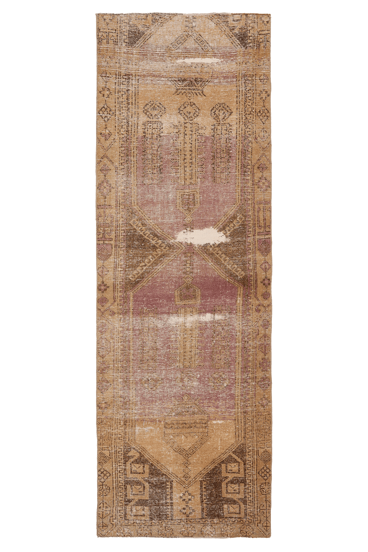 Vintage Malatya Turkish Runner Rug 3x9 ft — Brown & Pink Geometric