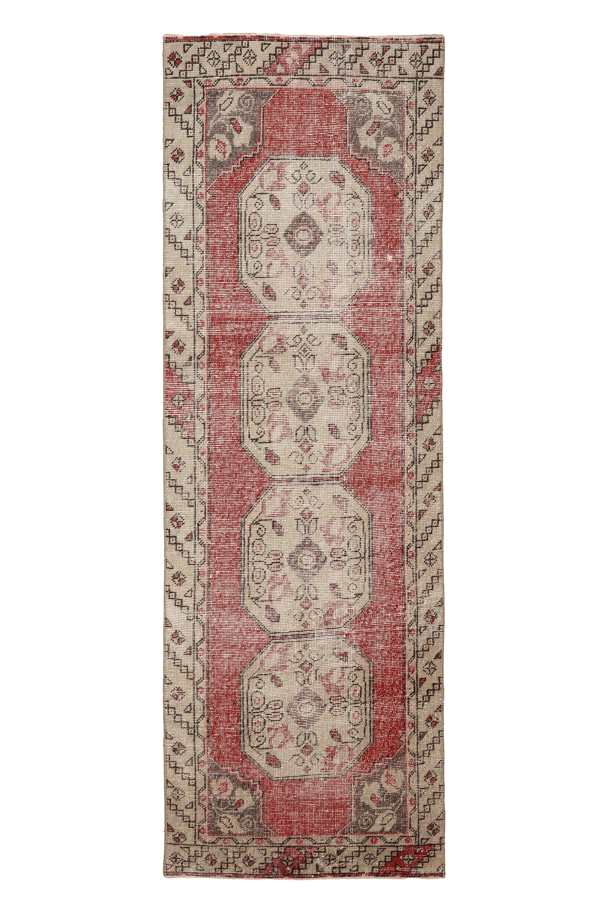 Vintage Niğde Turkish Runner Rug 2x8 ft — Red & Beige Geometric (No. 21553)