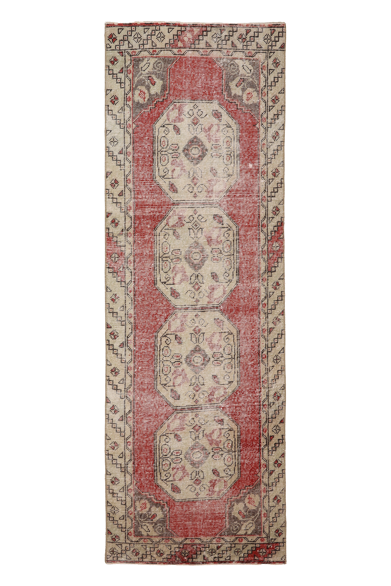 Vintage Niğde Turkish Runner Rug 2x8 ft — Red & Beige Geometric (No. 21553)