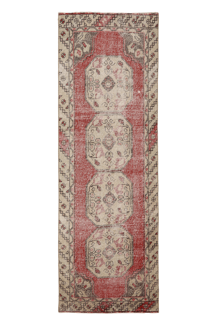 Vintage Niğde Turkish Runner Rug 2x8 ft — Red & Beige Geometric (No. 21553)