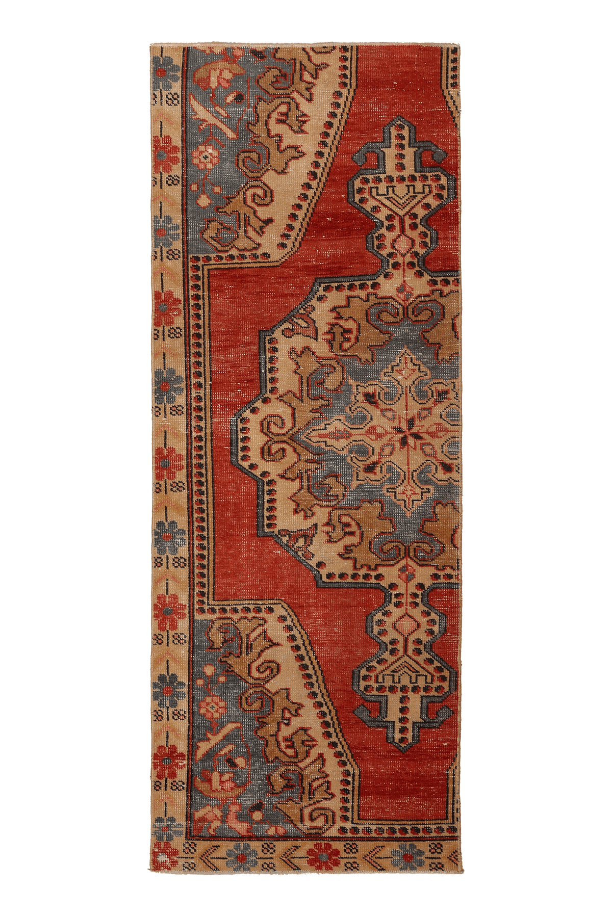 Vintage Nevşehir Turkish Runner Rug 3x7 ft — Red & Beige Floral