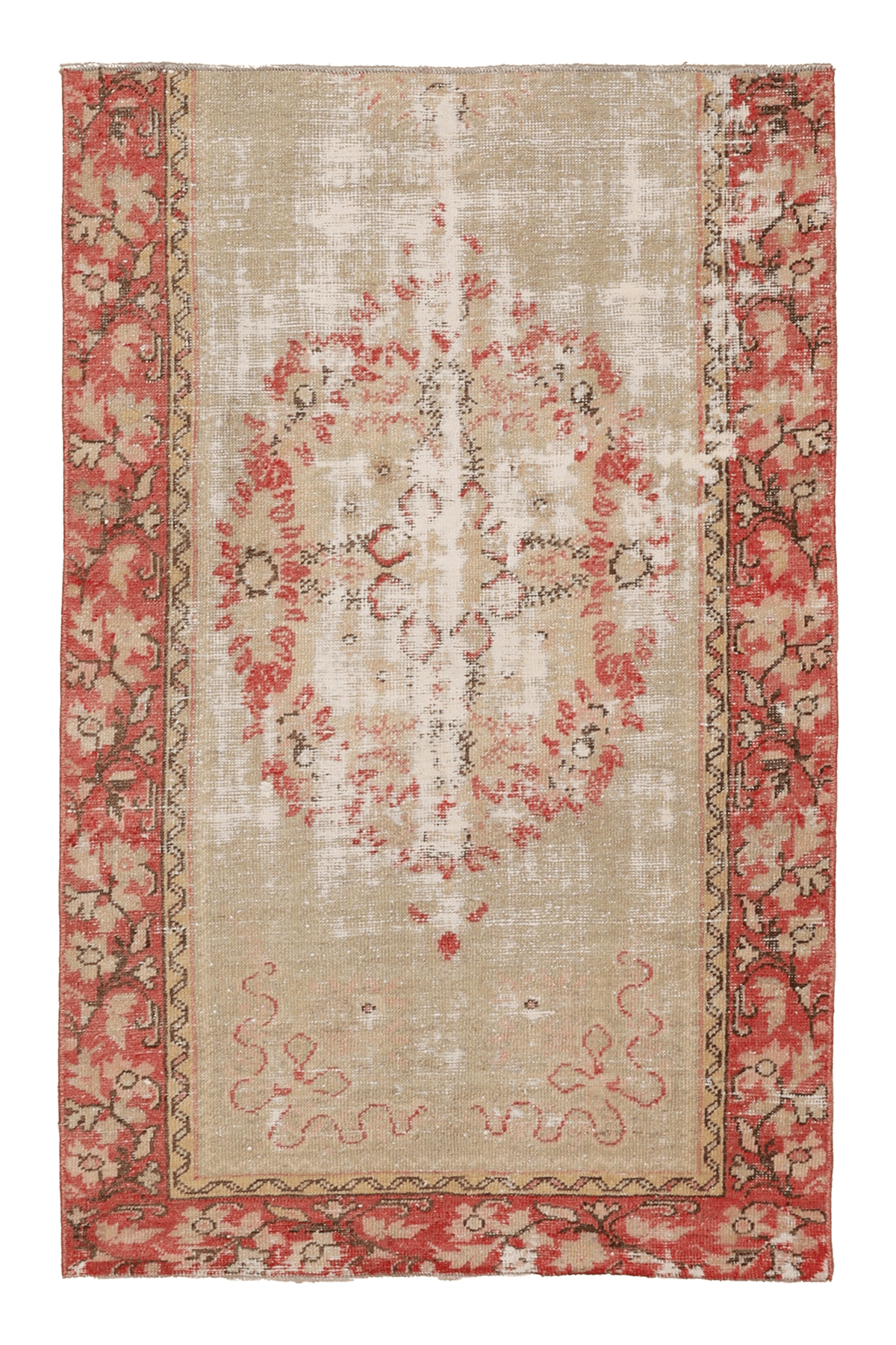 Vintage Denizli Turkish Runner Rug 3x4 ft — Beige & Red Floral