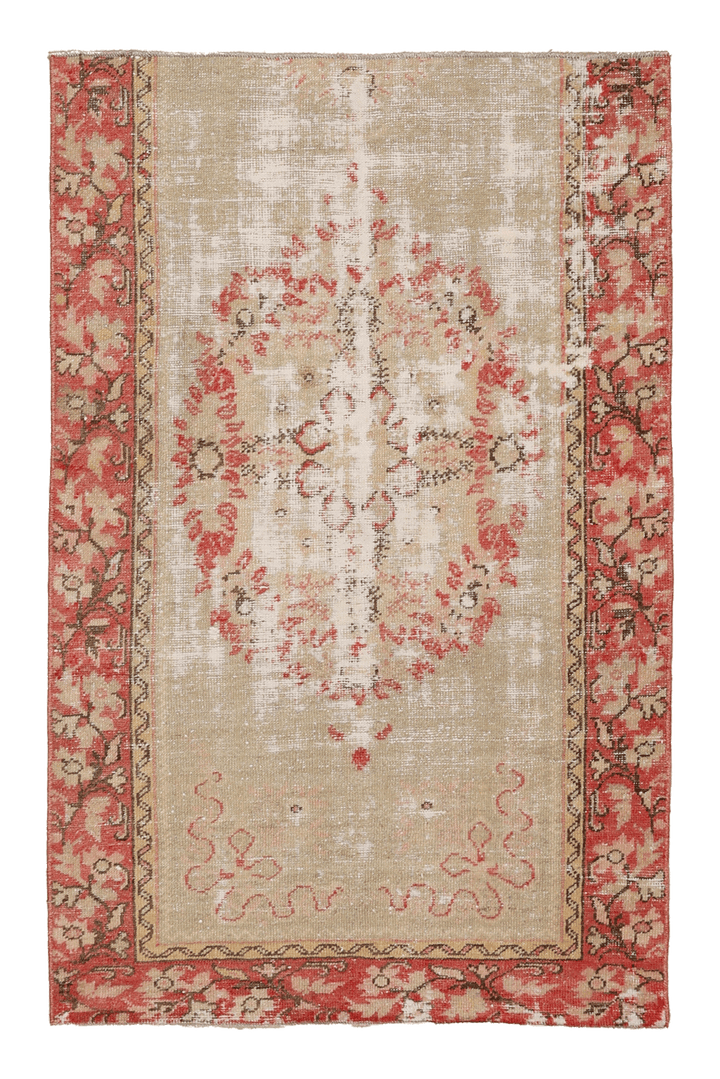 Vintage Denizli Turkish Runner Rug 3x4 ft — Beige & Red Floral