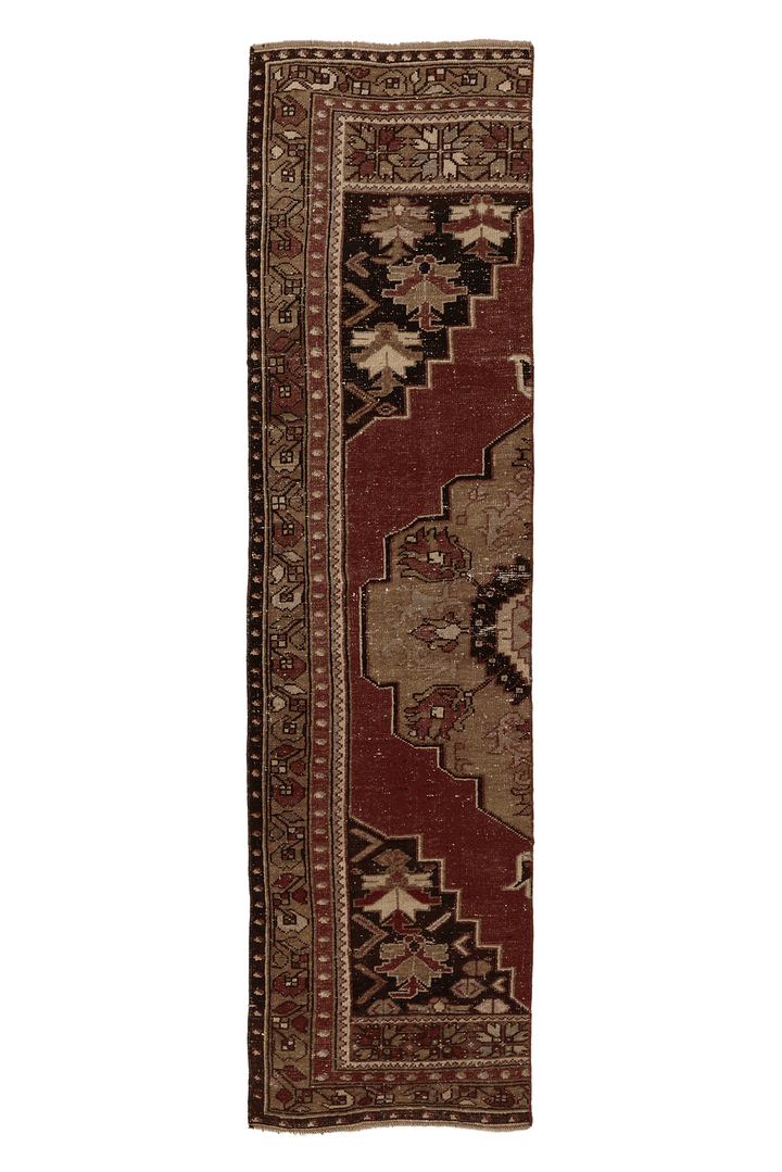 Vintage Elazığ Turkish Runner Rug 2x7 ft — Red & Brown Geometric