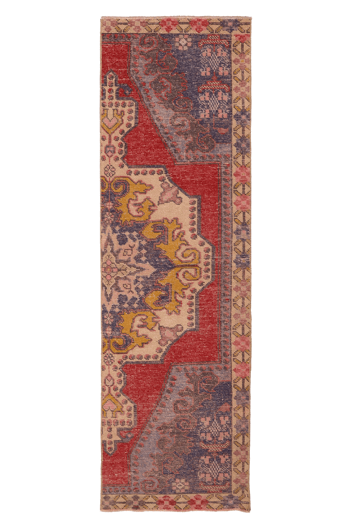 Vintage Nevşehir Turkish Runner Rug 2x8 ft — Red & Blue Geometric