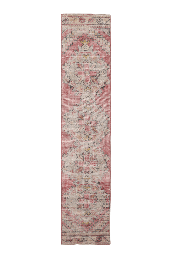 Vintage Niğde Turkish Runner Rug 1x9 ft — Pink & Beige Floral