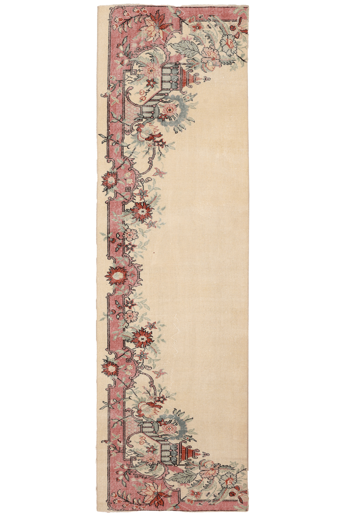 Vintage Isparta Turkish Runner Rug 2x10 ft — Beige & Pink Floral