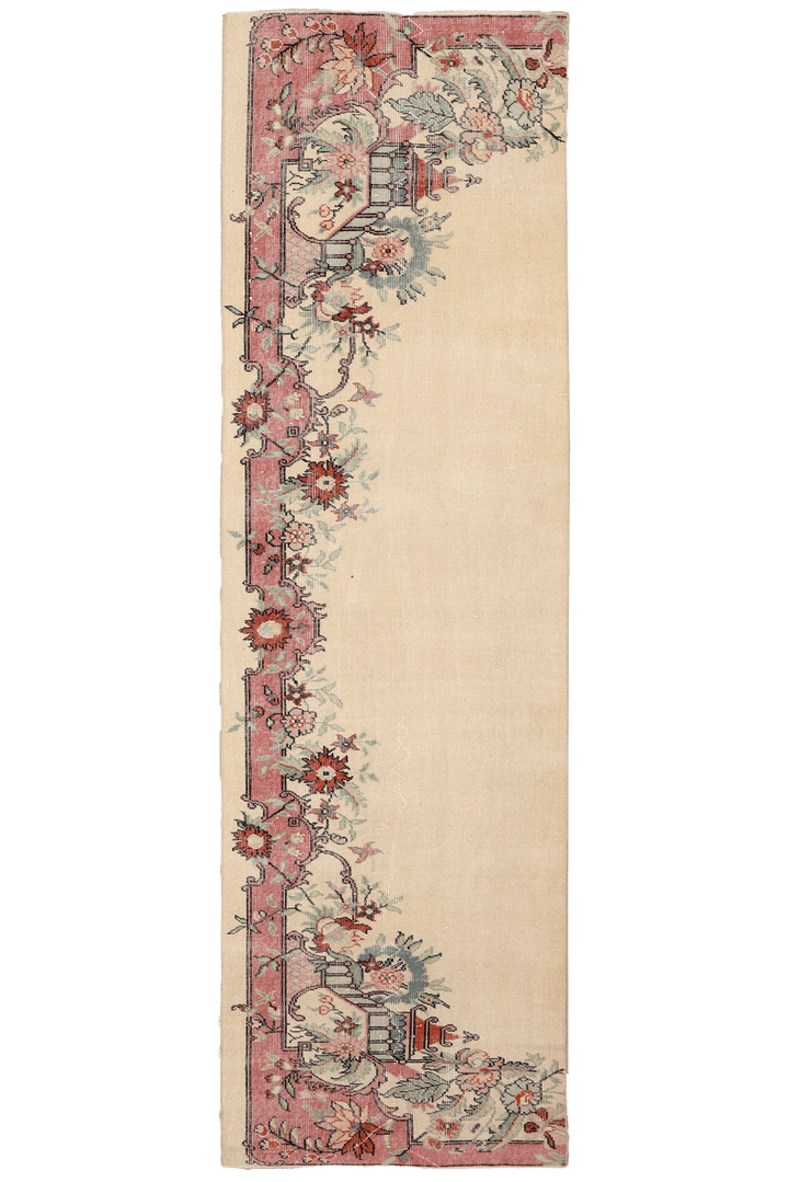 Vintage Isparta Turkish Runner Rug 2x10 ft — Beige & Pink Floral