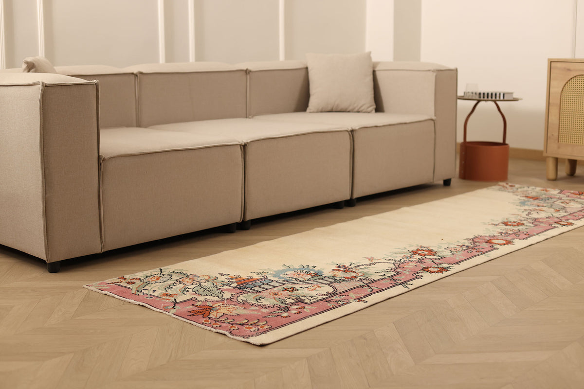 Vintage Isparta Turkish Runner Rug 2x10 ft — Beige & Pink Floral
