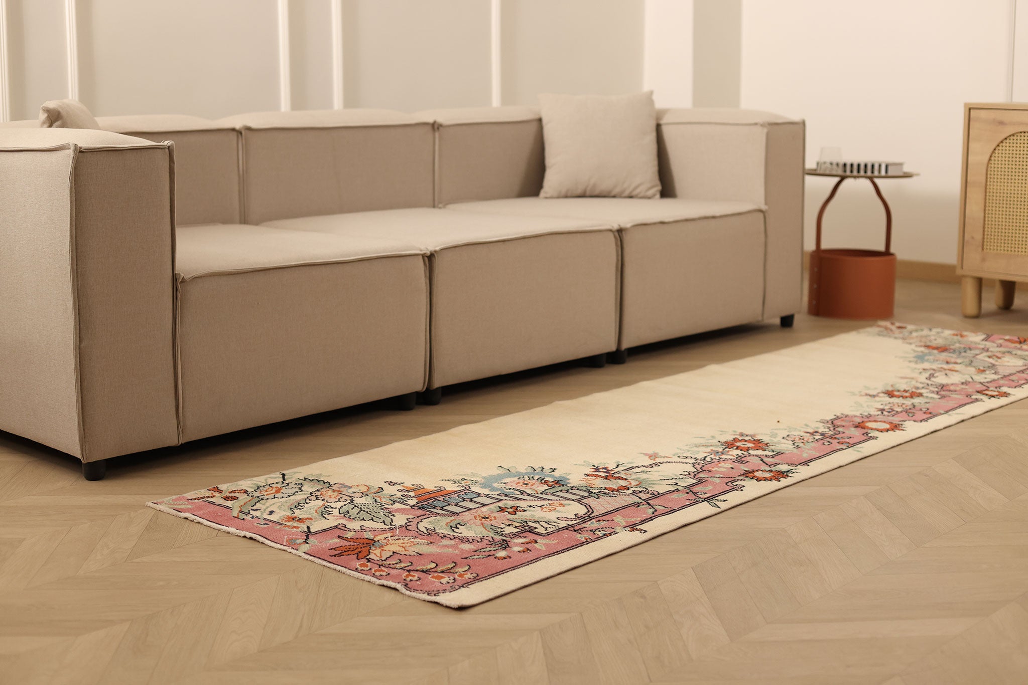 Vintage Isparta Turkish Runner Rug 2x10 ft — Beige & Pink Floral