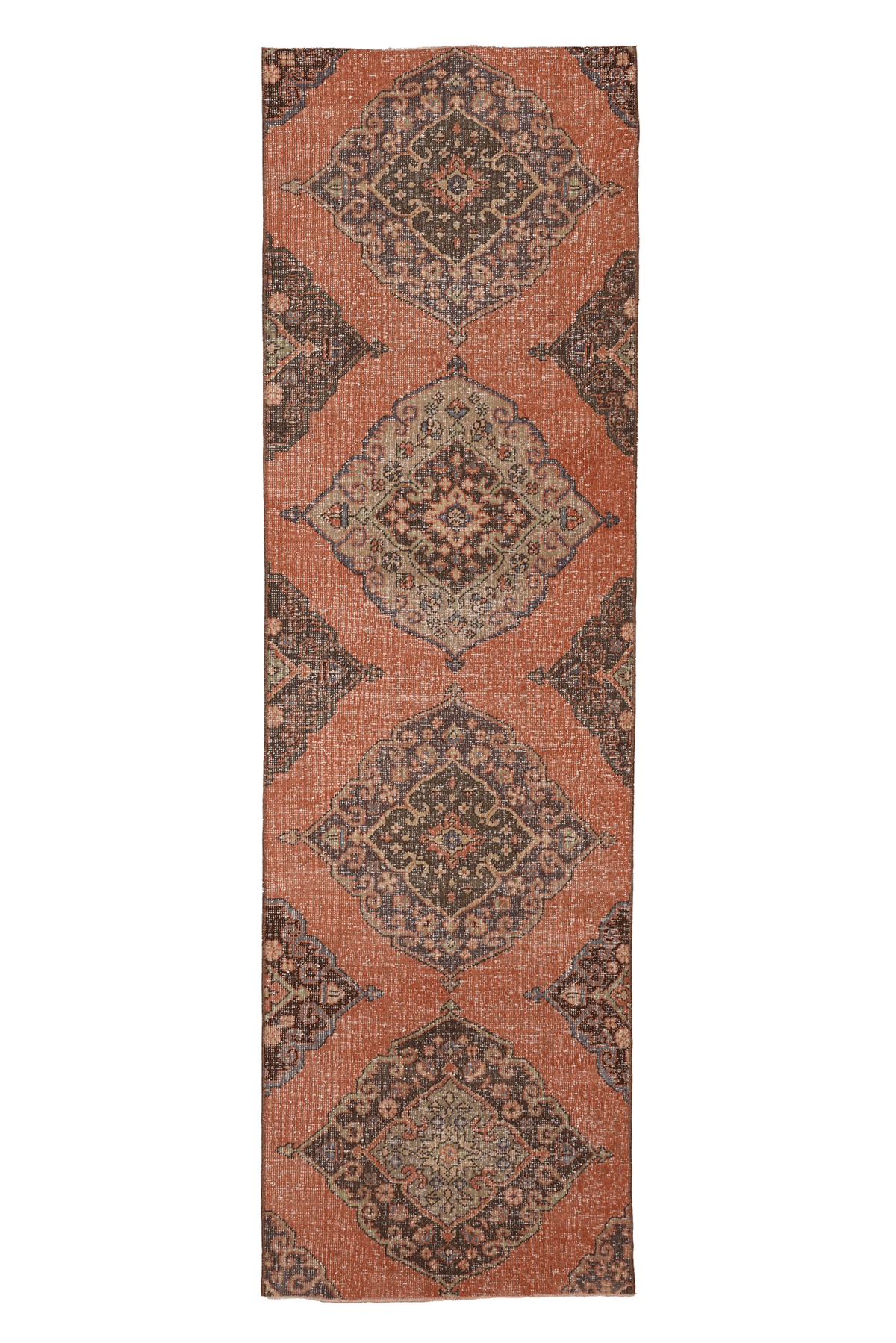 Vintage Konya Turkish Runner Rug 2x9 ft — Orange & Brown Floral (No. 22262)