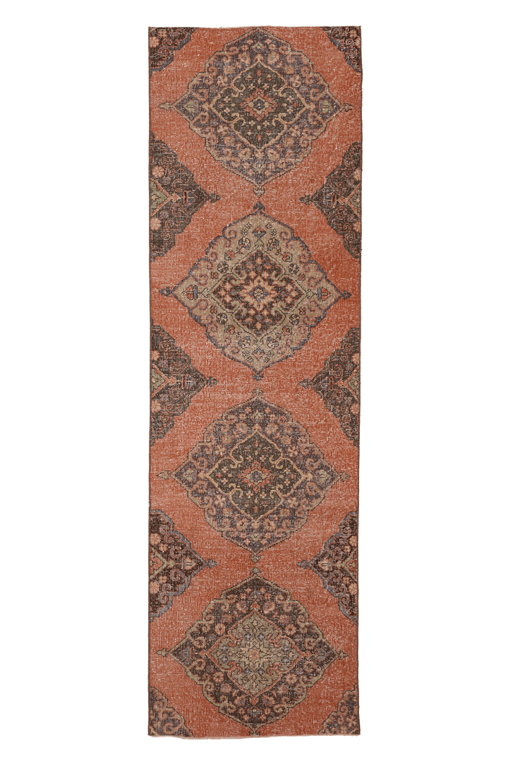 Vintage Konya Turkish Runner Rug 2x9 ft — Orange & Brown Floral (No. 22262)