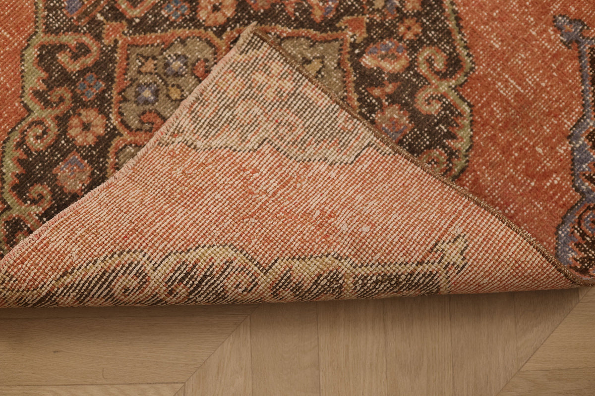 Vintage Konya Turkish Runner Rug 2x9 ft — Orange & Brown Floral (No. 22262)