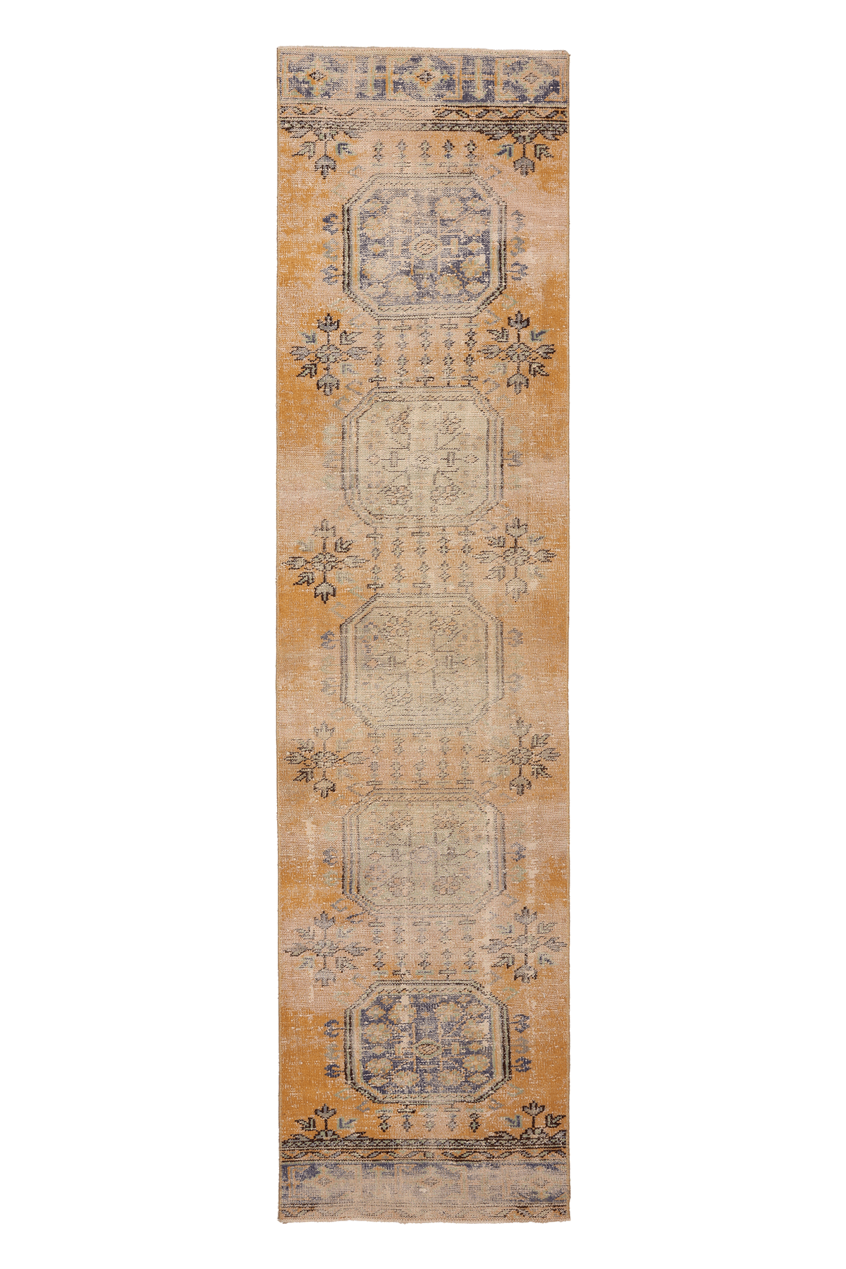 Vintage Konya Turkish Runner Rug 2x11 ft — Orange & Blue Geometric