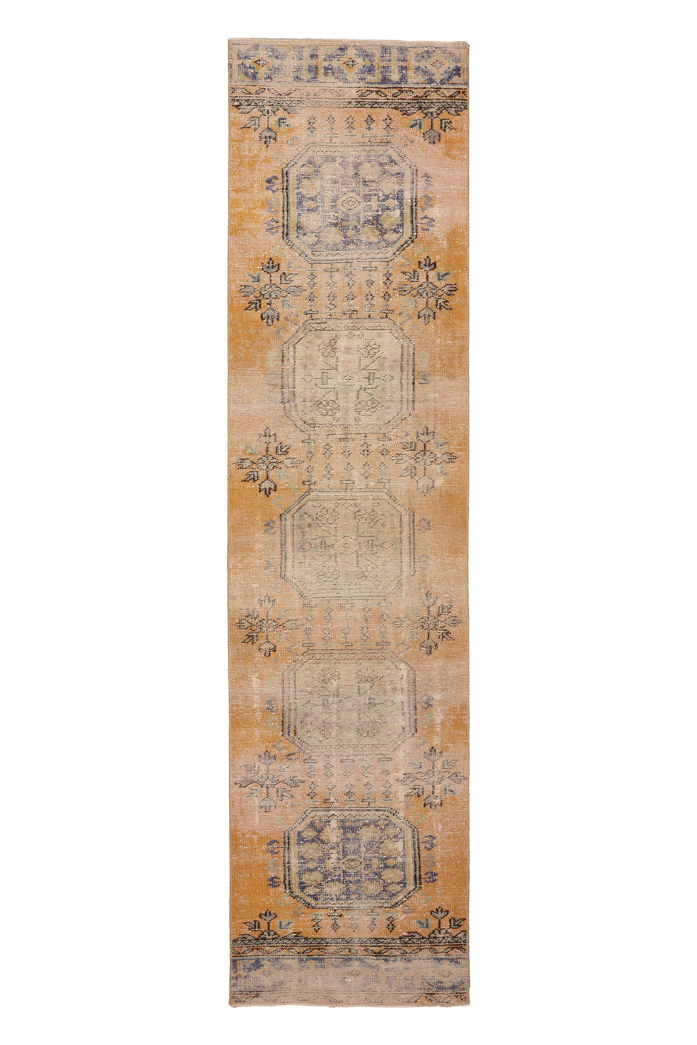 Vintage Konya Turkish Runner Rug 2x11 ft — Orange & Blue Geometric