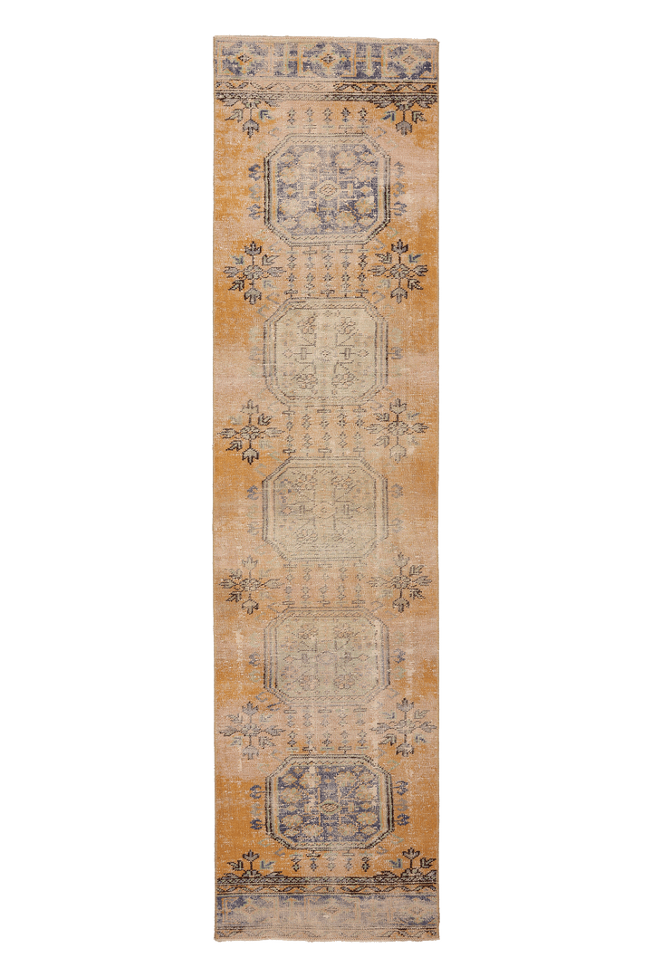 Vintage Konya Turkish Runner Rug 2x11 ft — Orange & Blue Geometric