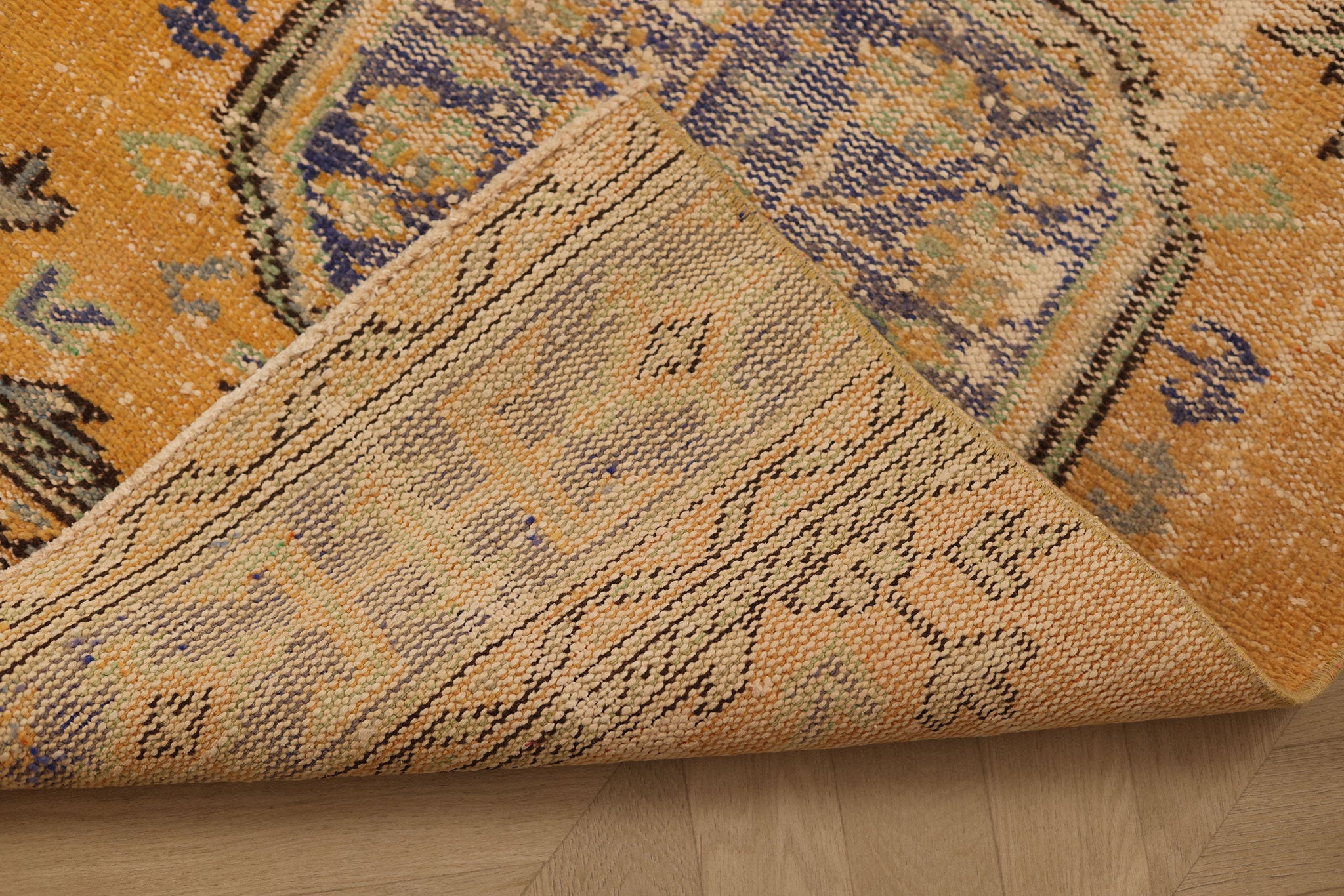 Vintage Konya Turkish Runner Rug 2x11 ft — Orange & Blue Geometric