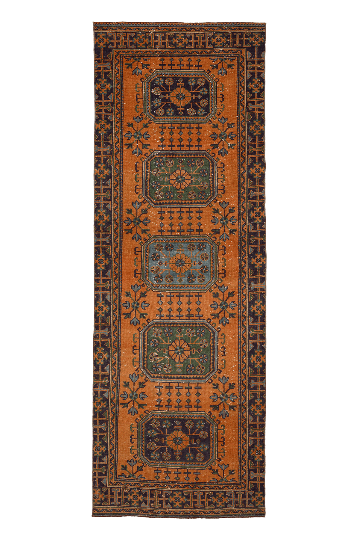 Vintage Konya Turkish Runner Rug 3x11 ft — Orange & Green Geometric